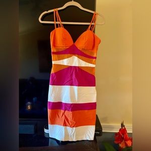 XOXO Colorblock Zip-Up Dress Orange Pink Sheer Panels Stretch Size 7/8.